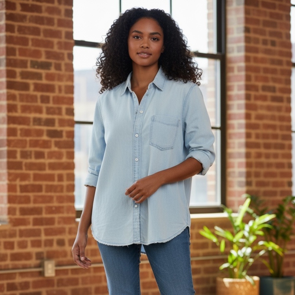 Rails Ingrid Raw Light Vintage Shirt Size Large Tencel Denim Long Sleeves - Picture 2 of 12